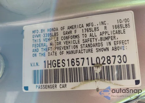 2001 Honda Civic Lx z USA, uszkodzony, nr VIN 1HGES16571L028730